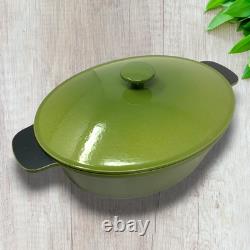 Vintage French Enameled Cast Iron Oval Dutch Oven Cocotte Olive Green France