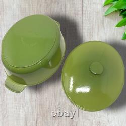 Vintage French Enameled Cast Iron Oval Dutch Oven Cocotte Olive Green France