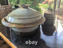Vintage Hand Thrown Art Pottery Crock with Lid Stoneware Dutch Oven Artist Signed