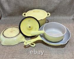 Vintage Le Creuset Dutch Oven withlid, Sauce Pan #16 withlid, 2 Skillets, Yellow