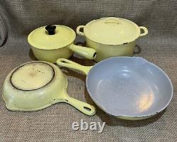 Vintage Le Creuset Dutch Oven withlid, Sauce Pan #16 withlid, 2 Skillets, Yellow