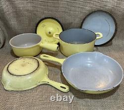 Vintage Le Creuset Dutch Oven withlid, Sauce Pan #16 withlid, 2 Skillets, Yellow