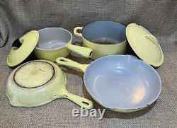 Vintage Le Creuset Dutch Oven withlid, Sauce Pan #16 withlid, 2 Skillets, Yellow