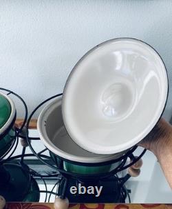 Vintage MCM Enamelware Dual Pot Chaffing Dish/ Dutch Oven With Lid / Green