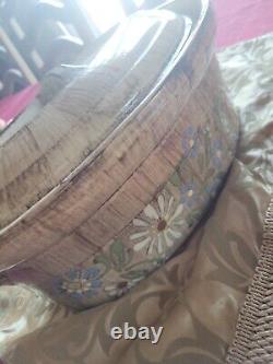 Vtg Made-in Stoneware Dutch Oven & LID France Handpainted Floral Design Brown 4