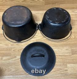 2 Casseroles en fonte émaillée Lodge à bords festonnés rares combo des années 1940 avec 1 couvercle se posent à plat 2 Casseroles en fonte émaillée Lodge à bords festonnés rares combo des années 1940 avec 1 couvercle se posent à plat