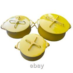 3 casseroles vintage Dansk Kobenstyle en émail jaune, cocotte avec couvercle trépied, tailles M, S et L