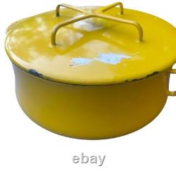 3 casseroles vintage Dansk Kobenstyle en émail jaune, cocotte avec couvercle trépied, tailles M, S et L