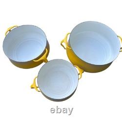 3 casseroles vintage Dansk Kobenstyle en émail jaune, cocotte avec couvercle trépied, tailles M, S et L