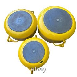 3 casseroles vintage Dansk Kobenstyle en émail jaune, cocotte avec couvercle trépied, tailles M, S et L