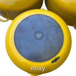 3 casseroles vintage Dansk Kobenstyle en émail jaune, cocotte avec couvercle trépied, tailles M, S et L