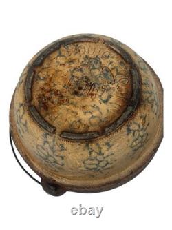 C. 1905 McCoy Vaisselle de Cuisine Néerlandaise en Éponge Faitout en Céramique avec Couvercle Ligné en Bleu