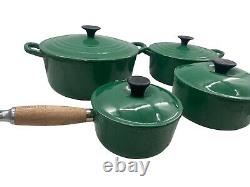 Ensemble Le Creuset Vintage EMERALD GREEN 4 pots et poêle, cocotte en fonte avec poignée en bois 14, 18, 22.