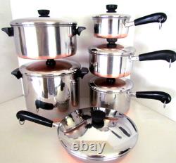 Ensemble de 12 pièces de casseroles, faitout, poêle + couvercles en cuivre Revere Ware vintage USA