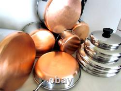 Ensemble de 12 pièces de casseroles, faitout, poêle + couvercles en cuivre Revere Ware vintage USA