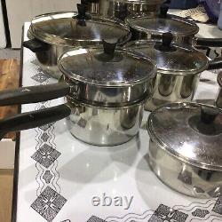 Ensemble de 16 pièces de casseroles en acier inoxydable Sears Heat Core avec couvercle, casserole, bain-marie et cocotte.