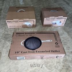 Ensemble de 3 pièces en fonte blanche : poêle de 10 pouces, faitout de 2,5 qt et rôtissoire de 2,5 qt avec couvercle NEUF