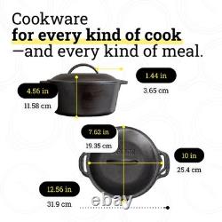 Ensemble de 5 pièces de batterie de cuisine en fonte pré-assaisonnée : poêles, plaque de cuisson et cocotte néerlandaise N