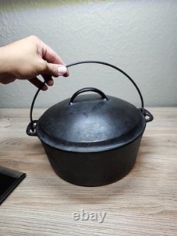 Fait en fonte vintage Wagner (non marqué) cocotte en fonte #8 avec couvercle, picots de goutte et rainures