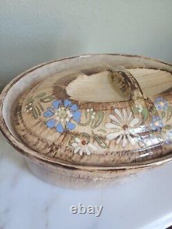 Fait main en grès vintage fait en France, cocotte en fonte avec couvercle, design floral peint à la main, marron 4