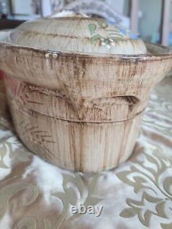 Fait main en grès vintage fait en France, cocotte en fonte avec couvercle, design floral peint à la main, marron 4