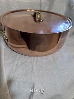 Faitout en cuivre vintage, 12 1/2 pouces de diamètre, 5 pouces de profondeur, poignées en laiton