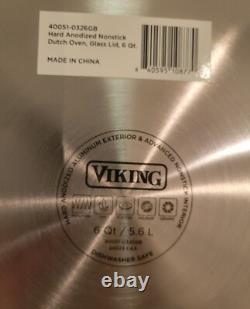 Faitout en fonte anodisée dure antiadhésive Viking de 6 quarts avec couvercle en verre NWOB