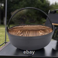 Faitout en fonte avec couvercle en bois, pot de camping multifonctionnel pour l'extérieur