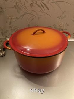Faitout en fonte émaillée Descoware Belgique Vintage Orange Flamme avec couvercle