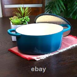 Faitout en fonte émaillée non adhésive oval de 7 Qt. en dégradé de bleu avec couvercle