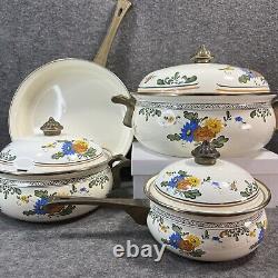 Fissler Ensemble de 7 pièces en émail des années 1960 avec poignées en laiton Nouveau Amsterdam