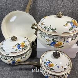 Fissler années 1960 Milieu du siècle 7 pièces en émail avec poignées en laiton New Amsterdam