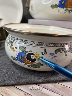 Fissler années 1960 Milieu du siècle 7 pièces en émail avec poignées en laiton New Amsterdam