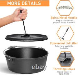 Four de camping en fonte, pot de cuisson de camping pré-assaisonné de 12 Qt avec couvercle et lève-couvercle