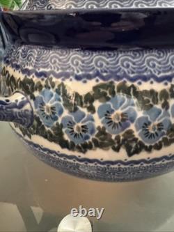 Incroyable Casserole en Terre Cuite Polonaise avec Couvercle Unikat Pansies Bleues Signature