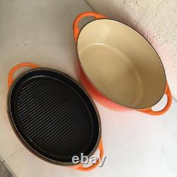 LE CREUSET ENAMELED CAST IRON Orange Red OVAL FLAME DUTCH OVEN & GRILL LID #32<br/>	  <br/>Traduction en français : COCOTTE OVALE EN FER ÉMAILLÉ LE CREUSET Orange Rouge & COUVERCLE GRILL #32