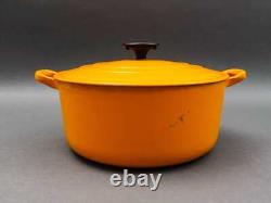 Le Creuset France #E Vintage Jaune Émail Rond Cocotte en Fonte Avec Couvercle