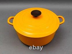 Le Creuset France #E Vintage Jaune Émail Rond Cocotte en Fonte Avec Couvercle