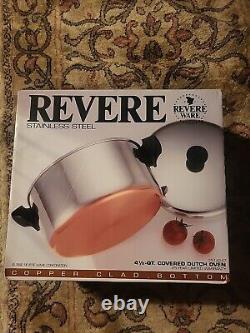 Marmite à soupe en acier inoxydable avec fond en cuivre de 4 1/2 pintes Vtg Revere Ware avec couvercle 93f