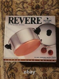 Marmite à soupe en acier inoxydable avec fond en cuivre de 4 1/2 pintes Vtg Revere Ware avec couvercle 93f