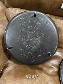 Marmite hollandaise Griswold Tite-top 10 avec couvercle Erie, Pennsylvanie 843, couvercle 180, poêle en fonte à 3 pieds