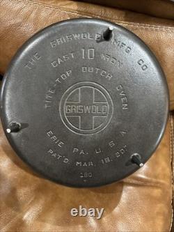 Marmite hollandaise Griswold Tite-top 10 avec couvercle Erie, Pennsylvanie 843, couvercle 180, poêle en fonte à 3 pieds