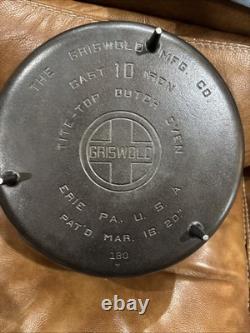 Marmite hollandaise Griswold Tite-top 10 avec couvercle Erie, Pennsylvanie 843, couvercle 180, poêle en fonte à 3 pieds