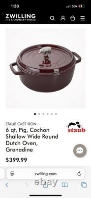 Nouvelle Cocotte Ronde Large et Peu Profonde Staub 6qt Grenadine + Bouton Cochon 1132987
