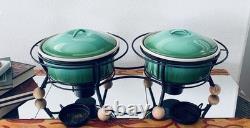 Plat de service à double pot en émail vintage MCM avec couvercle / faitout / vert