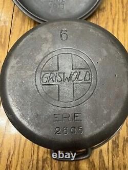 RARE Griswold Erie No. 6 Cocotte en fonte avec couvercle et logo incliné 2605 & 2606