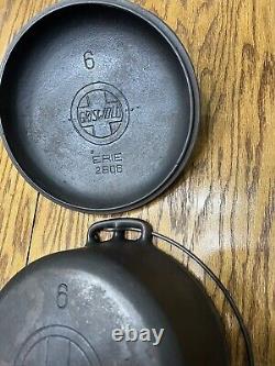 RARE Griswold Erie No. 6 Cocotte en fonte avec couvercle et logo incliné 2605 & 2606