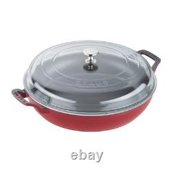 Rôtissoire en fonte de 3,5 qt avec couvercle en verre, cocotte en fonte émaillée STAUB cerise, fabriquée en France, pour 3 à 4 personnes