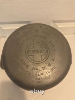 Vintage Griswold Erie PA 1920 No. 9 Casserole en fonte Tite Top Dutch Oven 834B avec couvercle