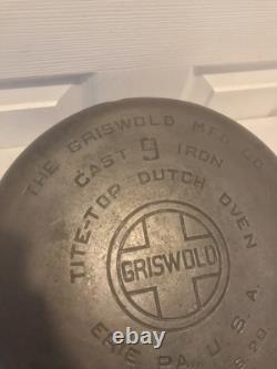 Vintage Griswold Erie PA 1920 No. 9 Casserole en fonte Tite Top Dutch Oven 834B avec couvercle